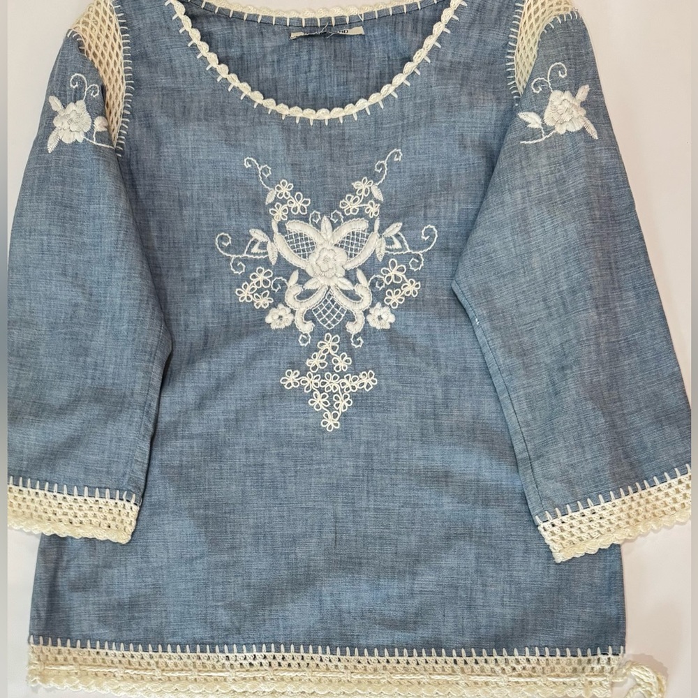 Lucky Brand Boho Gauze Blouse Blue Embroidered Crochet Top Women’s S M - Picture 8 of 9